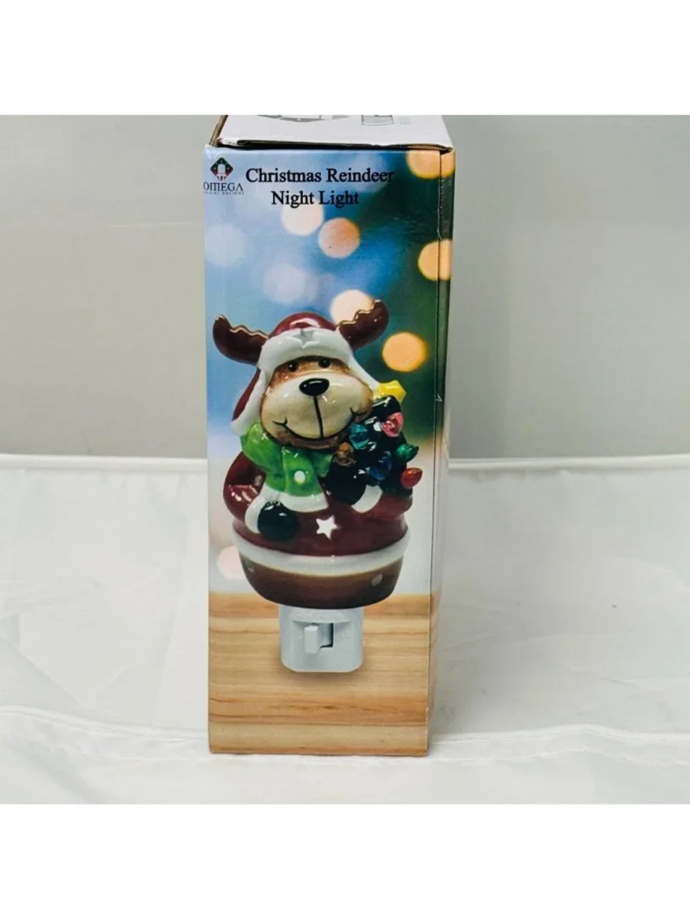 Omega Christmas Reindeer Night Light Ceramic Red Multicolor Bulb On/Off Switch